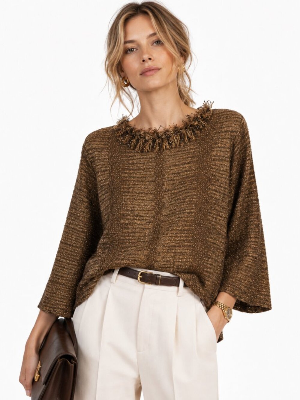 Nancy Bolen City Girl Top Womens M Brown Animal Print Fringe Artwear Boho